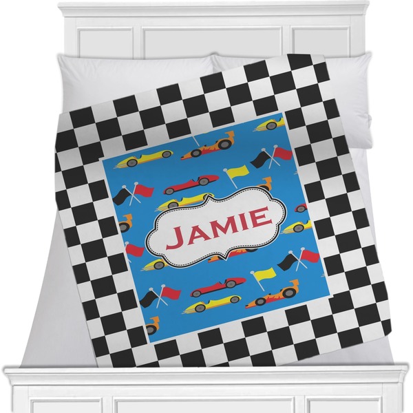Custom Checkers & Racecars Minky Blanket - Toddler / Throw - 60"x50" - Single Sided (Personalized)