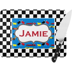 Checkers & Racecars Rectangular Glass Cutting Board - Large - 15.25"x11.25" w/ Name or Text