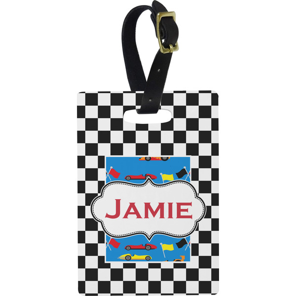 Custom Checkers & Racecars Plastic Luggage Tag - Rectangular w/ Name or Text