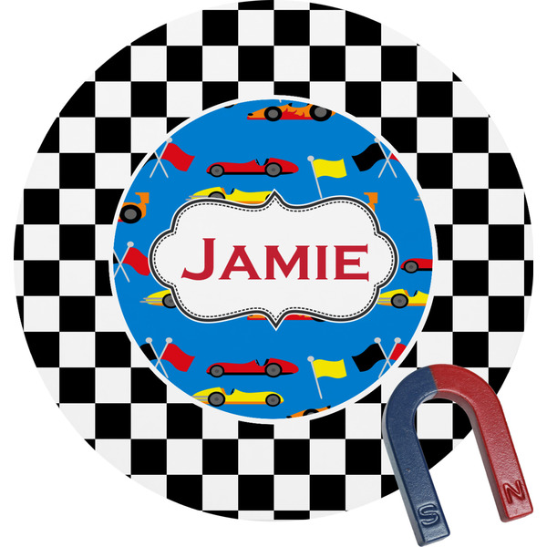 Custom Checkers & Racecars Round Fridge Magnet (Personalized)