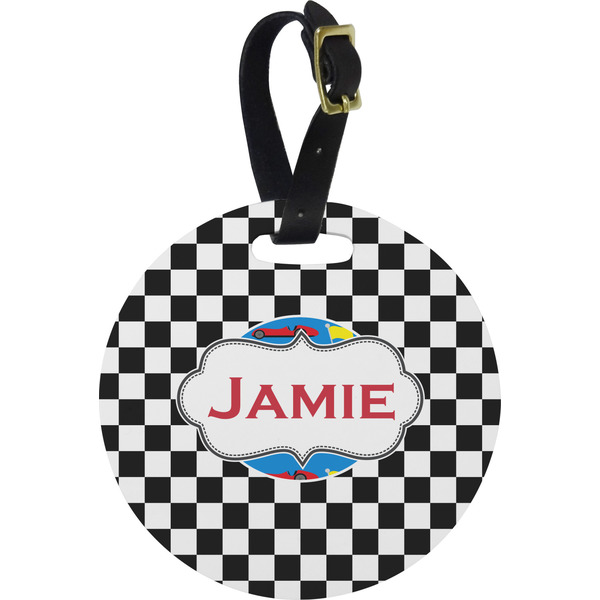 Custom Checkers & Racecars Plastic Luggage Tag - Round (Personalized)