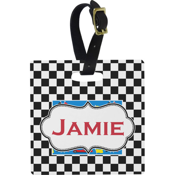 Custom Checkers & Racecars Plastic Luggage Tag - Square w/ Name or Text