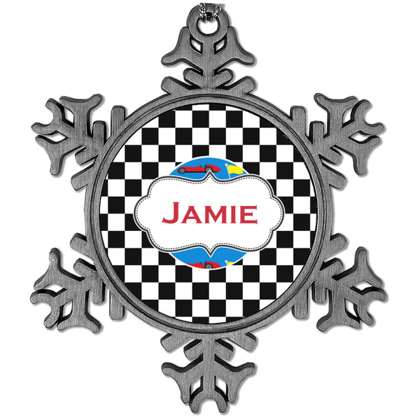 Custom Checkers & Racecars Vintage Snowflake Ornament (Personalized)