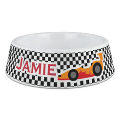 Checkers & Racecars Plastic Dog Bowl - Large (Personalized)