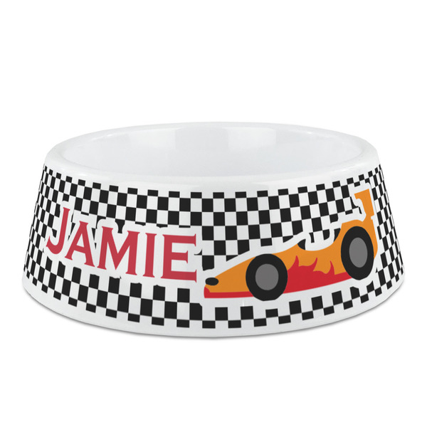 Custom Checkers & Racecars Plastic Dog Bowl - Medium (Personalized)