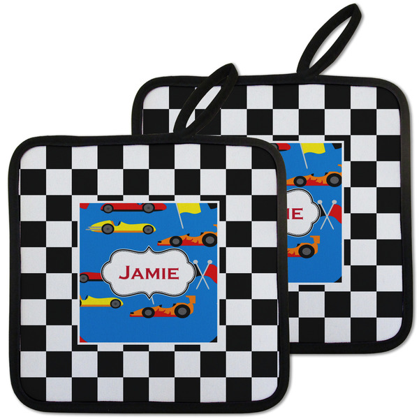 Custom Checkers & Racecars Pot Holders - Set of 2 w/ Name or Text