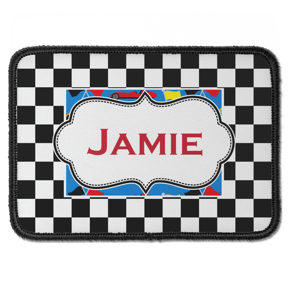 Custom Checkers & Racecars Iron On Rectangle Patch w/ Name or Text