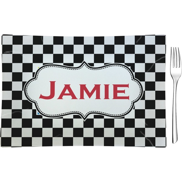 Custom Checkers & Racecars Rectangular Glass Appetizer / Dessert Plate - Single or Set (Personalized)