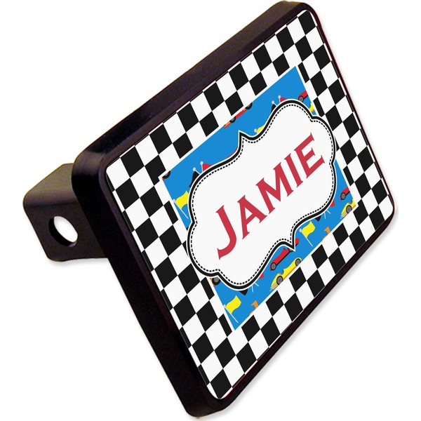 Custom Checkers & Racecars Rectangular Trailer Hitch Cover - 2" (Personalized)