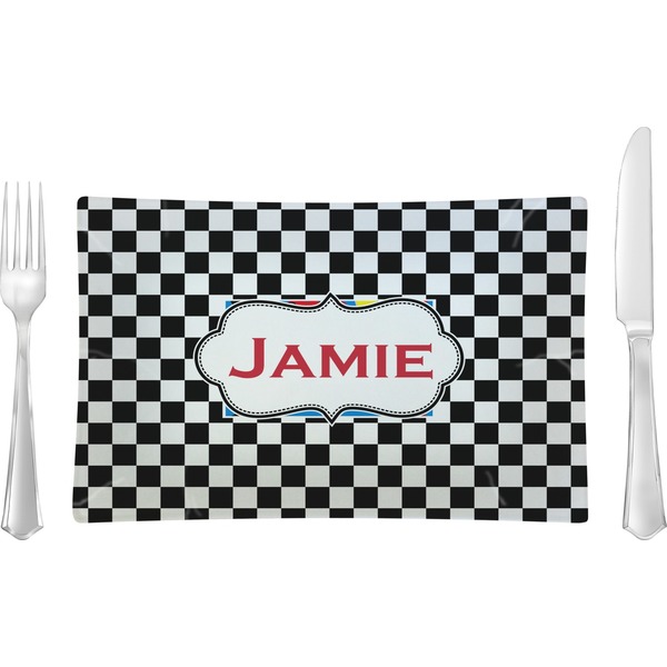 Custom Checkers & Racecars Rectangular Glass Lunch / Dinner Plate - Single or Set (Personalized)