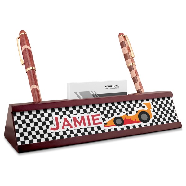 Custom Checkers & Racecars Red Mahogany Nameplate with Business Card Holder (Personalized)