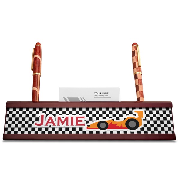 Checkers & Racecars Red Mahogany Nameplates with Business Card Holder - Straight