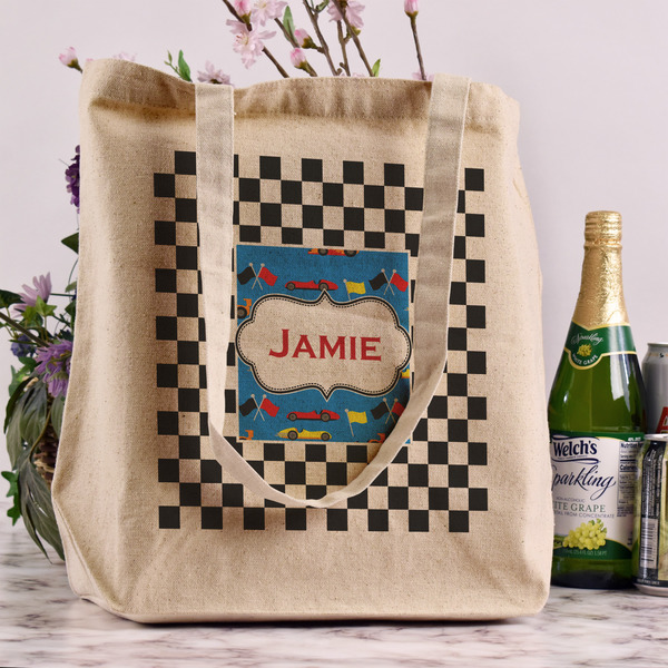 Checkers & Racecars Reusable Cotton Grocery Bag - In Context