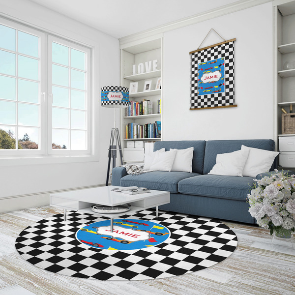 Checkers & Racecars Round Area Rug - IN CONTEXT