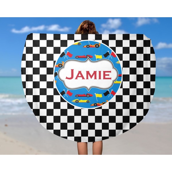 Checkers & Racecars Round Beach Towel - In Use