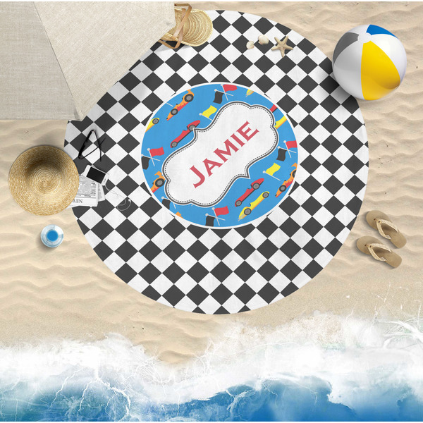 Checkers & Racecars Round Beach Towel Lifestyle