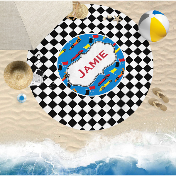 Checkers & Racecars Round Beach Towel Lifestyle