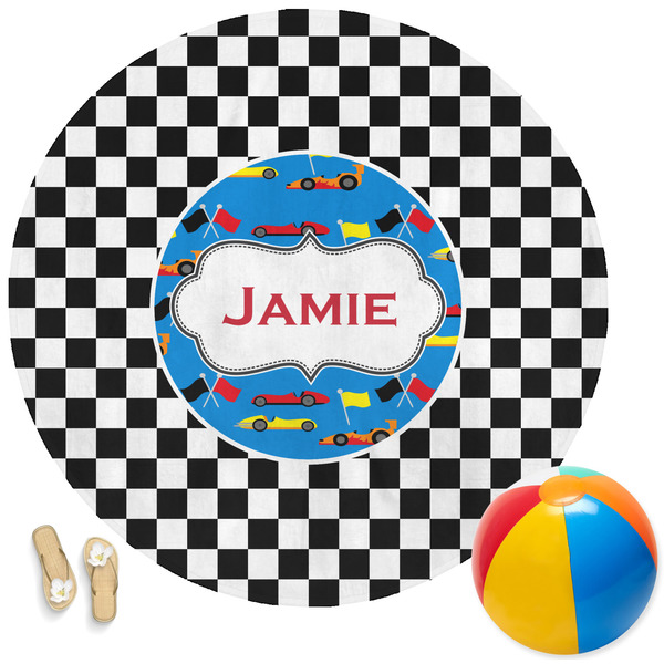 Custom Checkers & Racecars Round Beach Towel (Personalized)
