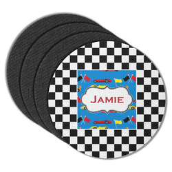 Checkers & Racecars Round Rubber Backed Coasters - Set of 4 (Personalized)