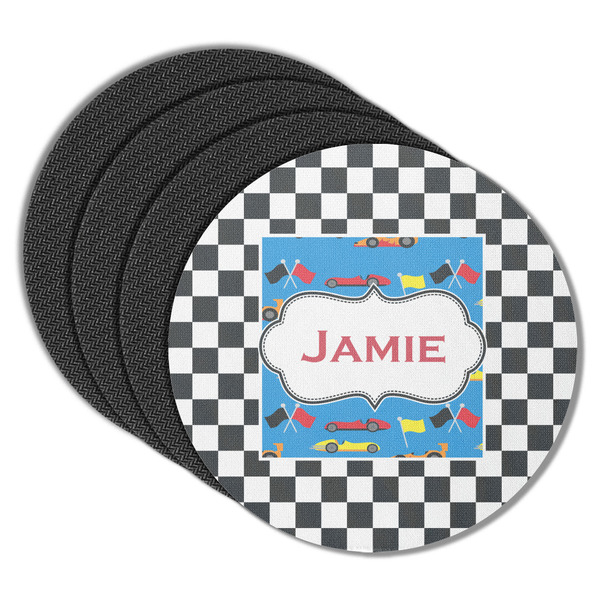 Custom Checkers & Racecars Round Rubber Backed Coasters - Set of 4 (Personalized)