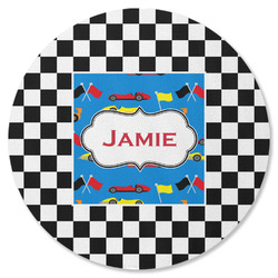 Checkers & Racecars Round Rubber Backed Coaster (Personalized)