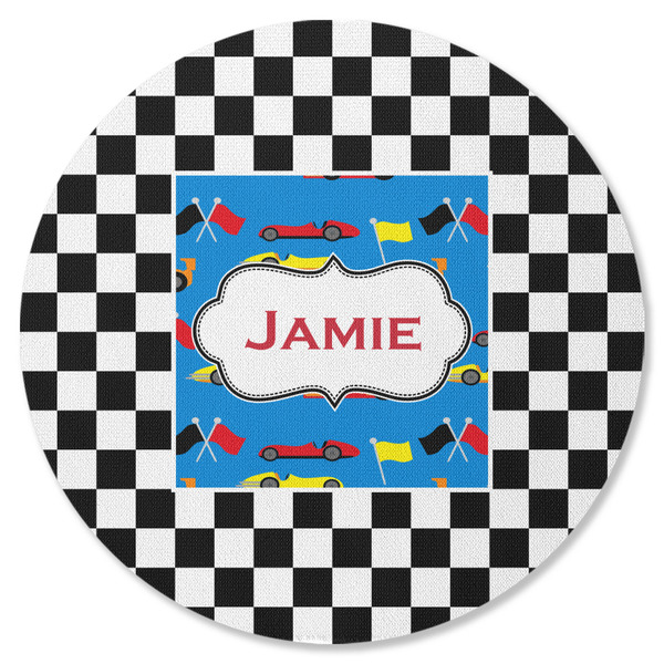 Custom Checkers & Racecars Round Rubber Backed Coaster (Personalized)