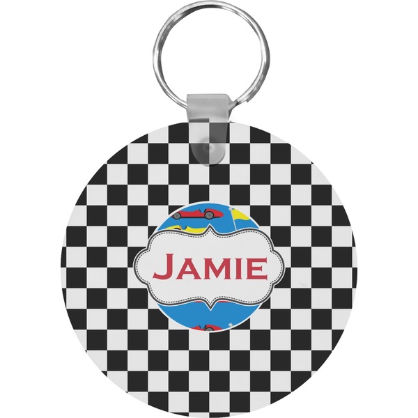 Custom Checkers & Racecars Round Plastic Keychain (Personalized)