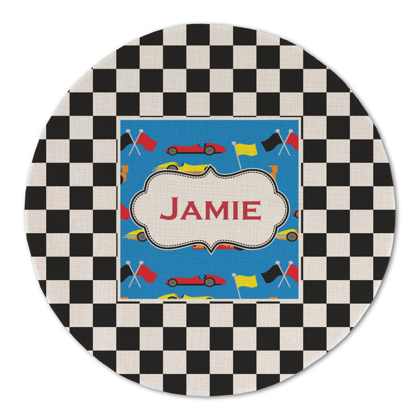 Checkers & Racecars Round Linen Placemats - FRONT (Double Sided)