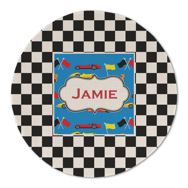 Custom Checkers & Racecars Round Linen Placemat - Single Sided (Personalized)