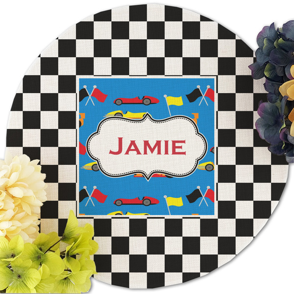 Checkers & Racecars Round Linen Placemats - Front (w flowers)