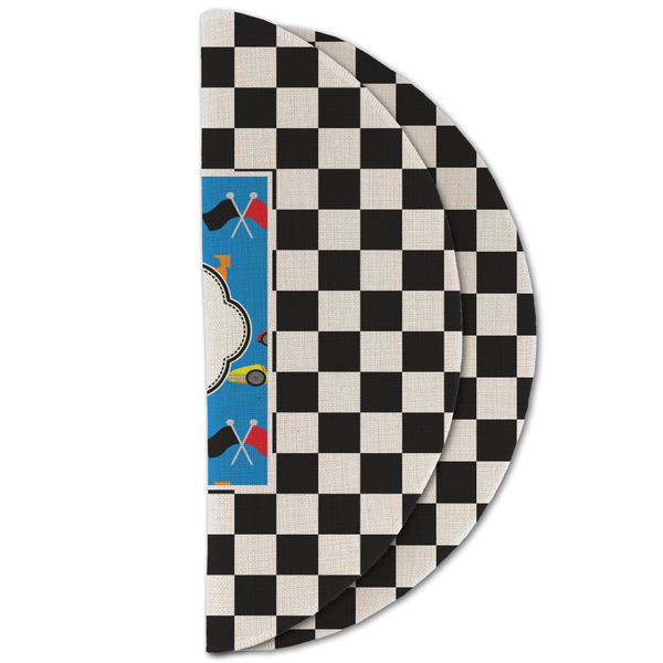 Checkers & Racecars Round Linen Placemats - HALF FOLDED (double sided)