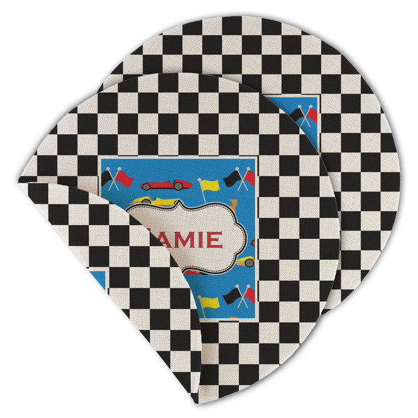 Custom Checkers & Racecars Round Linen Placemat - Double Sided - Set of 4 (Personalized)