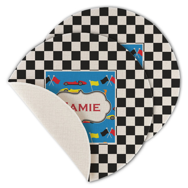 Custom Checkers & Racecars Round Linen Placemat - Single Sided - Set of 4 (Personalized)
