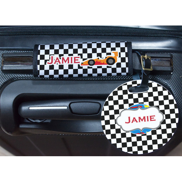 Checkers & Racecars Round Luggage Tag & Handle Wrap - In Context