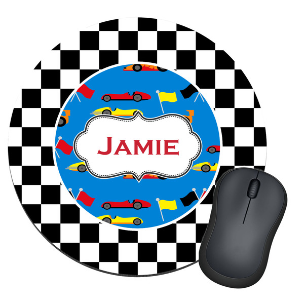 Custom Checkers & Racecars Round Mouse Pad (Personalized)