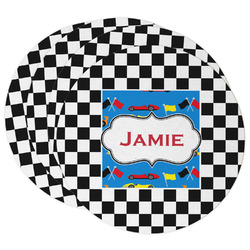 Checkers & Racecars Round Paper Coasters w/ Name or Text