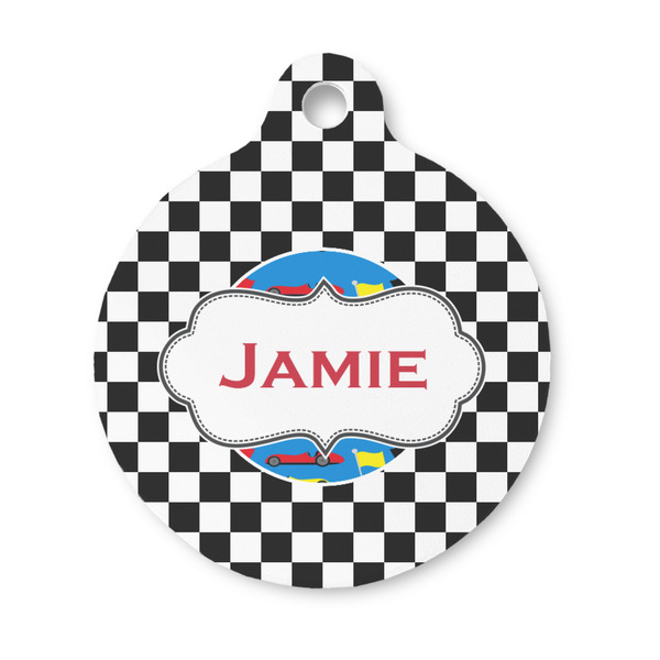 Custom Checkers & Racecars Round Pet ID Tag - Small (Personalized)