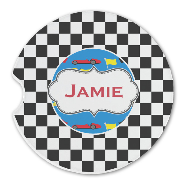 Custom Checkers & Racecars Sandstone Car Coaster - Single (Personalized)