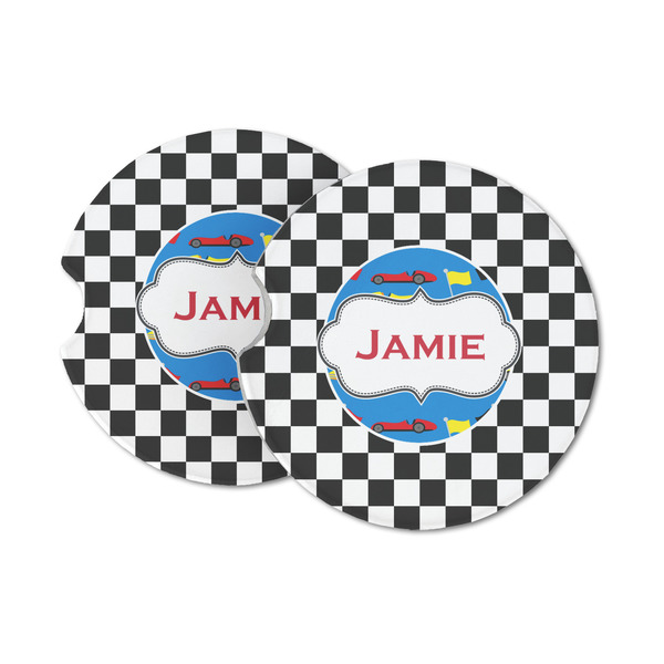 Custom Checkers & Racecars Sandstone Car Coasters - Set of 2 (Personalized)