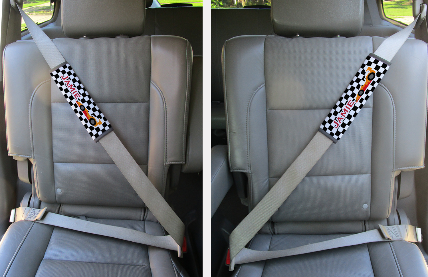 Custom Checkers & Racecars Seat Belt Covers (Set of 2) (Personalized