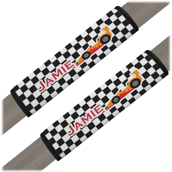 Custom Checkers & Racecars Seat Belt Covers (Set of 2) (Personalized)