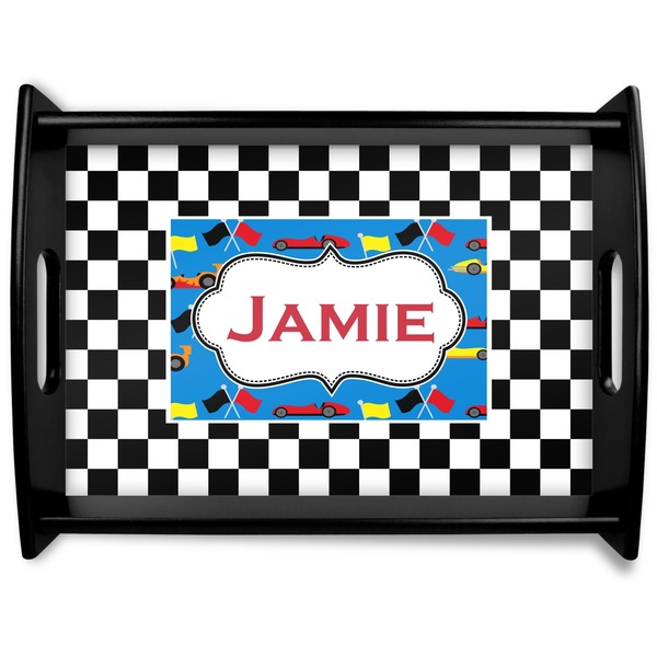 Custom Checkers & Racecars Black Wooden Tray - Large (Personalized)