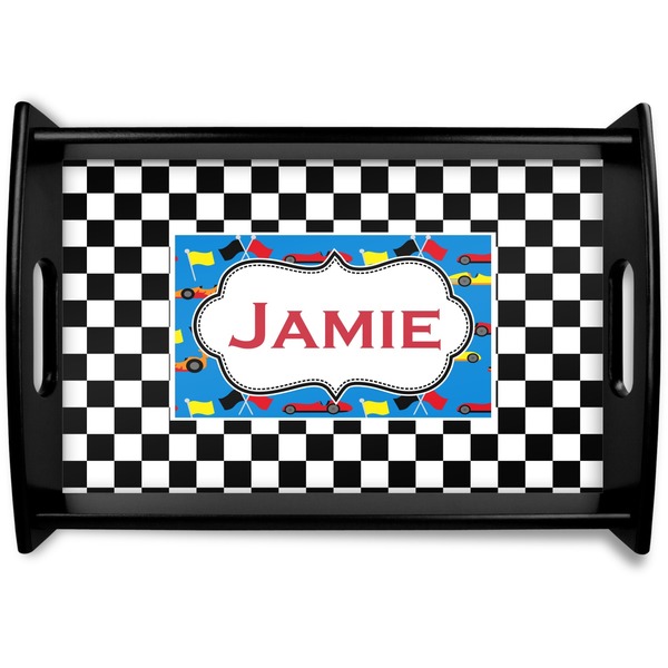 Custom Checkers & Racecars Black Wooden Tray - Small (Personalized)