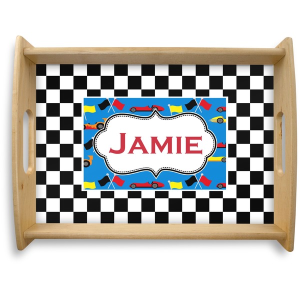 Custom Checkers & Racecars Natural Wooden Tray - Large (Personalized)