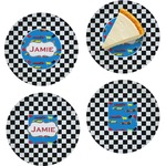 Checkers & Racecars Set of 4 Glass Appetizer / Dessert Plate 8" (Personalized)
