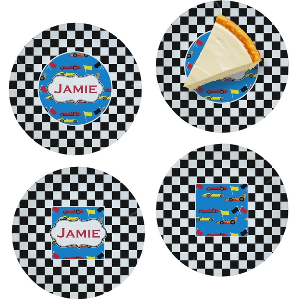 Custom Checkers & Racecars Set of 4 Glass Appetizer / Dessert Plate 8" (Personalized)