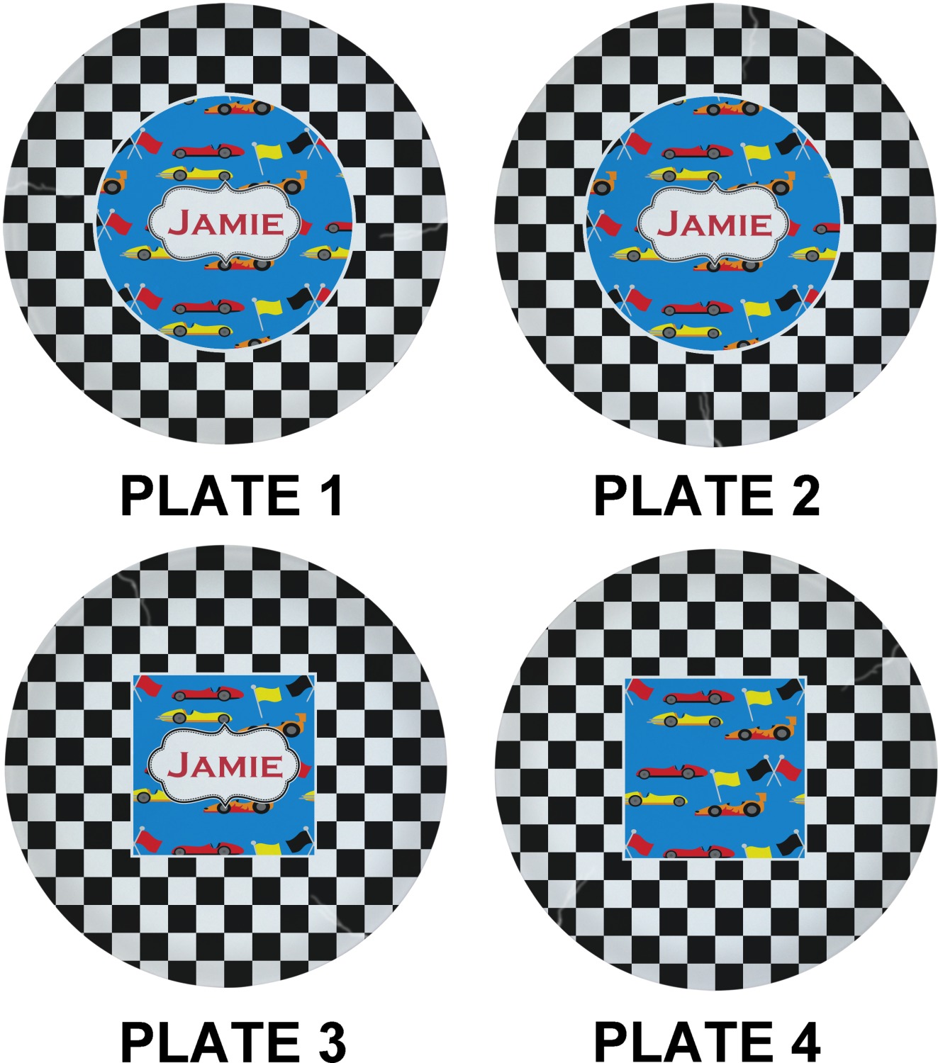 Checkers & Racecars Set of 4 Glass Lunch / Dinner Plate 10
