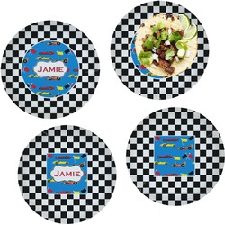 Checkers & Racecars Set of 4 Glass Lunch / Dinner Plate 10" (Personalized)