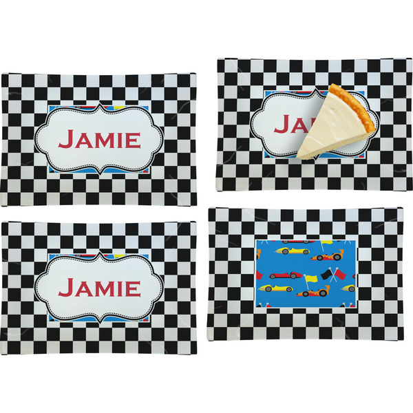 Custom Checkers & Racecars Set of 4 Glass Rectangular Appetizer / Dessert Plate (Personalized)