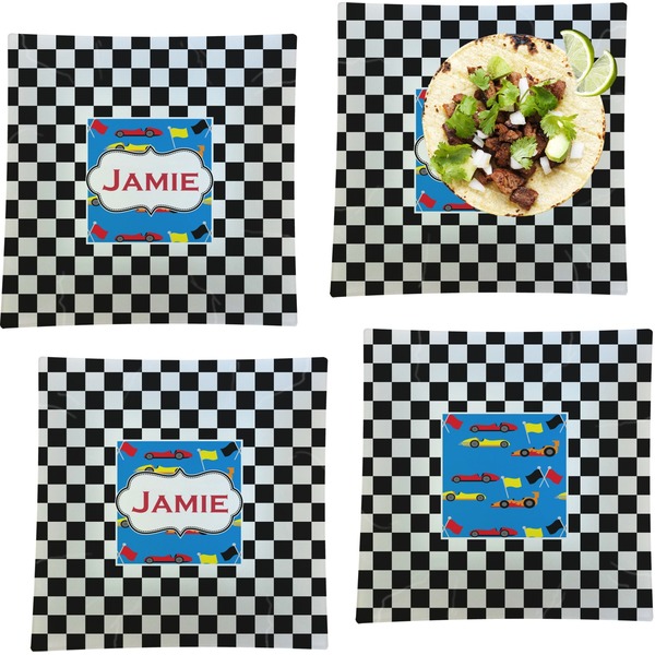 Custom Checkers & Racecars Set of 4 Glass Square Lunch / Dinner Plate 9.5" (Personalized)